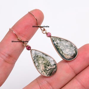 Oorbellen met peervormige mosagaat, natuurlijke mosagaatoorbel, sterlingzilveren oorbellen, mosagaatsieraden, handgemaakte oorbellen, cadeau voor haar.
