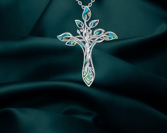 Christian Tree of Life Cross Necklace Abalone Shell 925 Sterling Silver