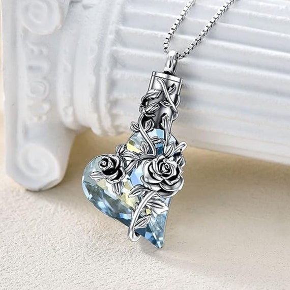 thumbnail image 2 of Cremation Urn Necklace For Ashes - Rose Flower With Heart Crystal Memorial Jewelry For Women 2 of 10