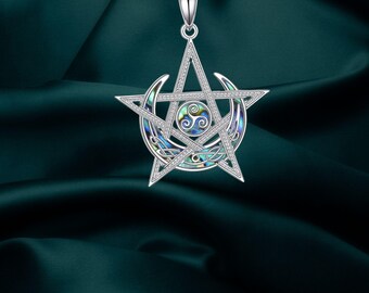 Wiccan Pentagram Necklace Abalone Shell 925 Sterling Silver Jewelry for Women Girls Mother Daughter