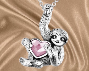 Sloth Necklace Heart Crystal Sloth Sterling Silver Jewelry for Women Girls Men Christmas Gifts
