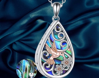 Teardrop Urn Necklace Sterling Silver Sunflower Hummingbird Necklace Teardrop Abalone Cremation Jewelry for Women
