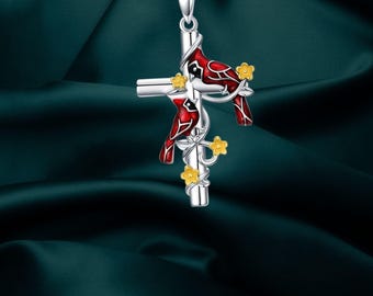 Red Cardinal Cross Pendant Necklace 925 Sterling Silver Cardinal Memorial Cross For Women Necklace