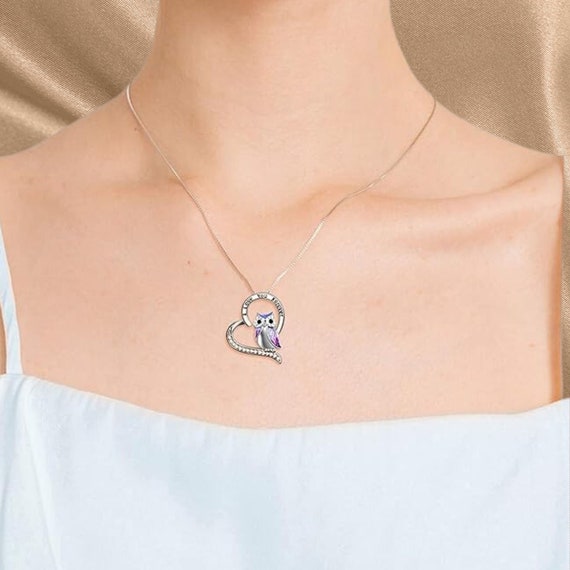 Collana Con Ciondolo Gufo E Cuore In Argento 925 E Zirconi – Gioiello Donna Per Amanti Dei Gufi, Catena 45+5 Cm, Con Panno E Confezione Regalo