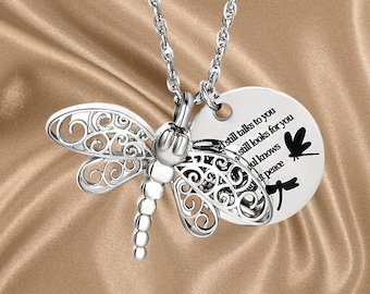 Dragonfly Urn Necklace for Ashes My soul knows you are at peace Memory Tag Cremation Jewelry