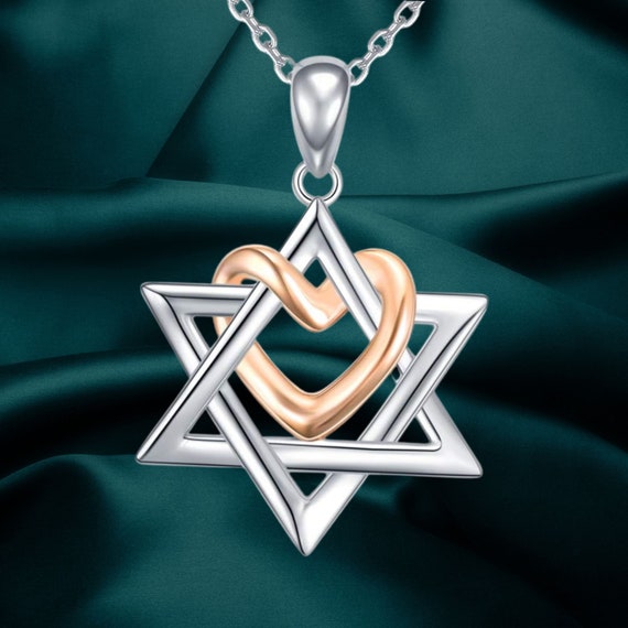 Star of David Pendant Necklace with Rose Gold Heart 925 Silver Necklace Mother Day Jewelry Gift for Mom Women Girls