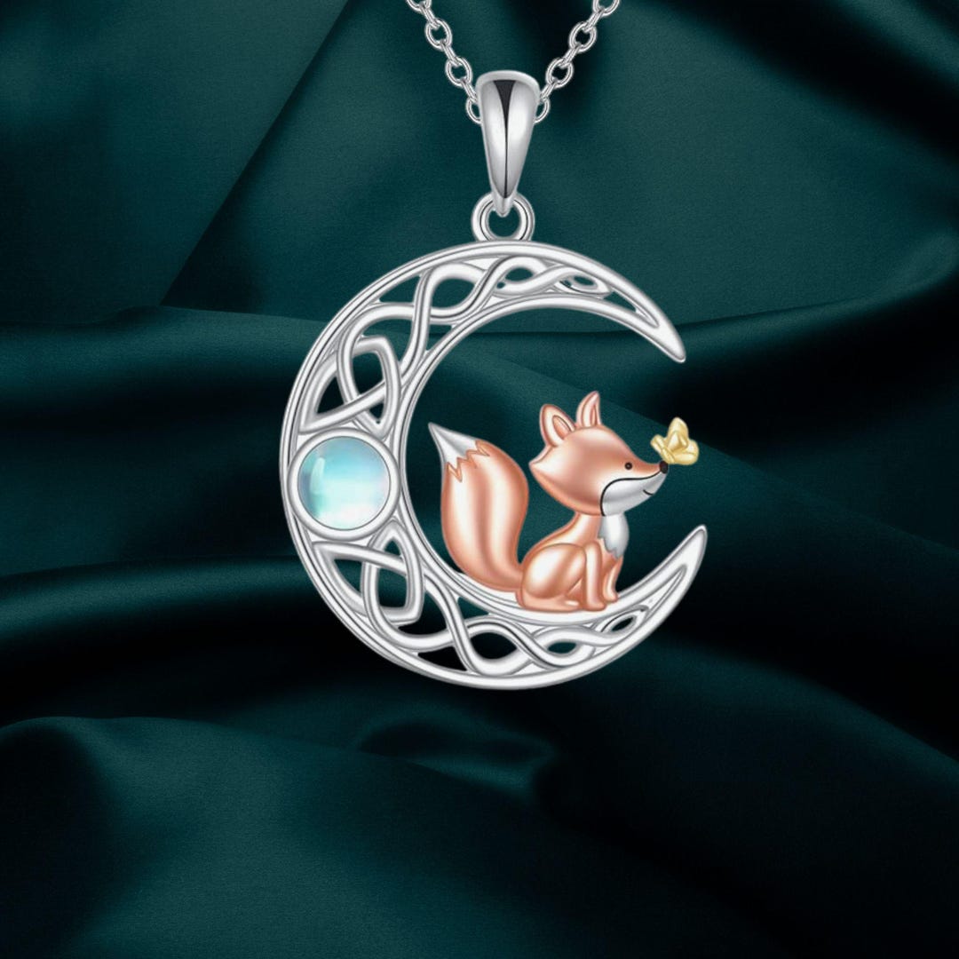 Collana Volpe E Luna In Argento Sterling 925 - Ciondolo Animale 3,5x1,7cm - Gioiello Ipoallergenico Per Donne E Ragazze In Cofanetto Regalo