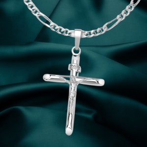 Cross Cross Necklace Jewelry Solid Sterling Silver INRI Crucifix Cross Necklace with Figaro Chain For Men and Women