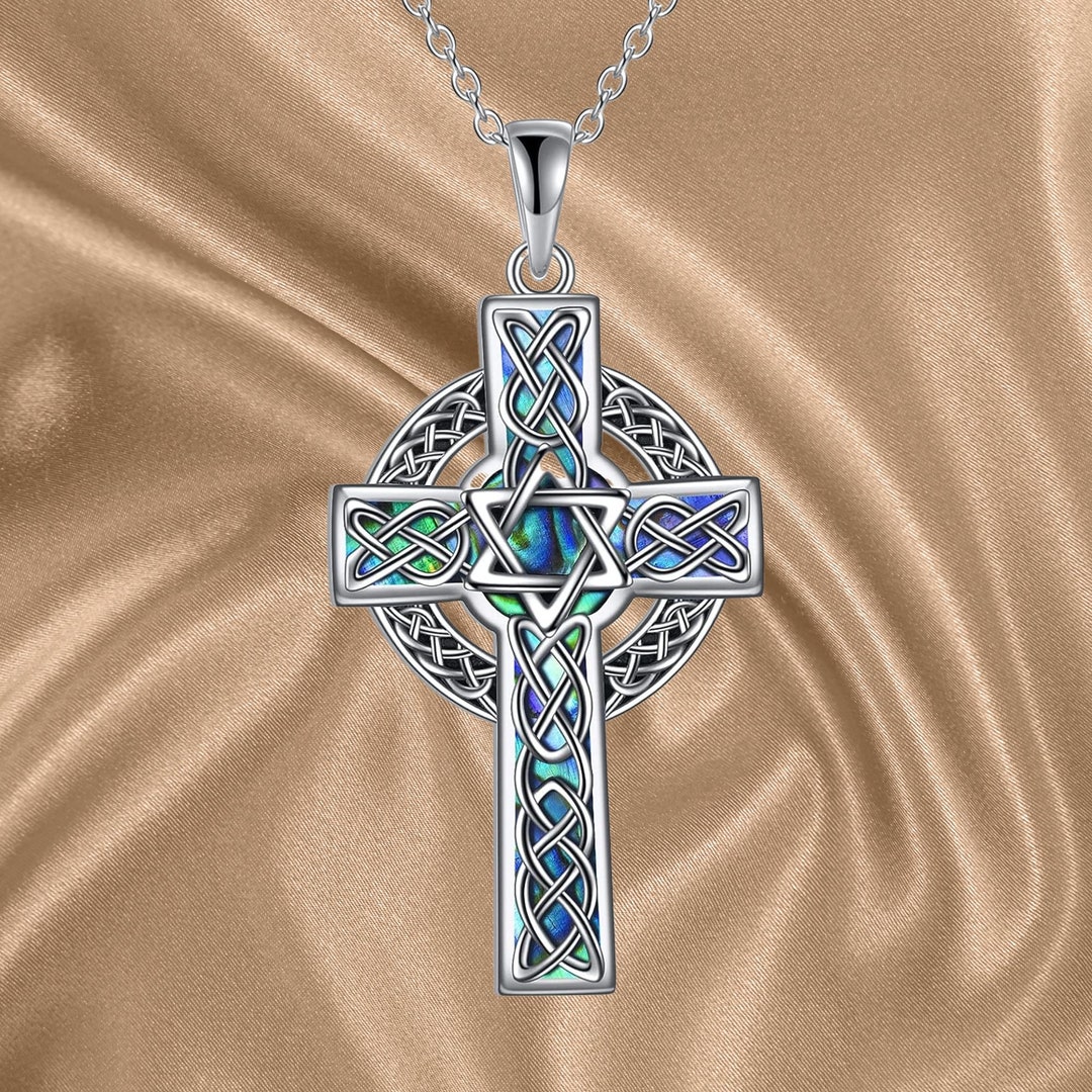 Keltisches Kreuz Anhänger • Sterling Silber Mit Abalone & Zirkon • 18+2 Zoll Kette • Geschenkbox