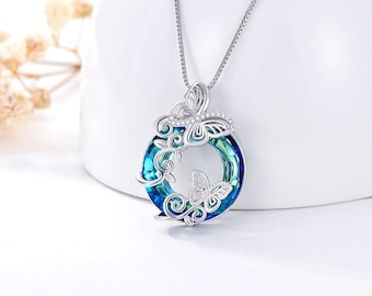 Sterling Silver Butterfly Pendant Necklace with Crystal Birthday Christmas Mothers Day Jewelry Gifts for Women Girls Mom