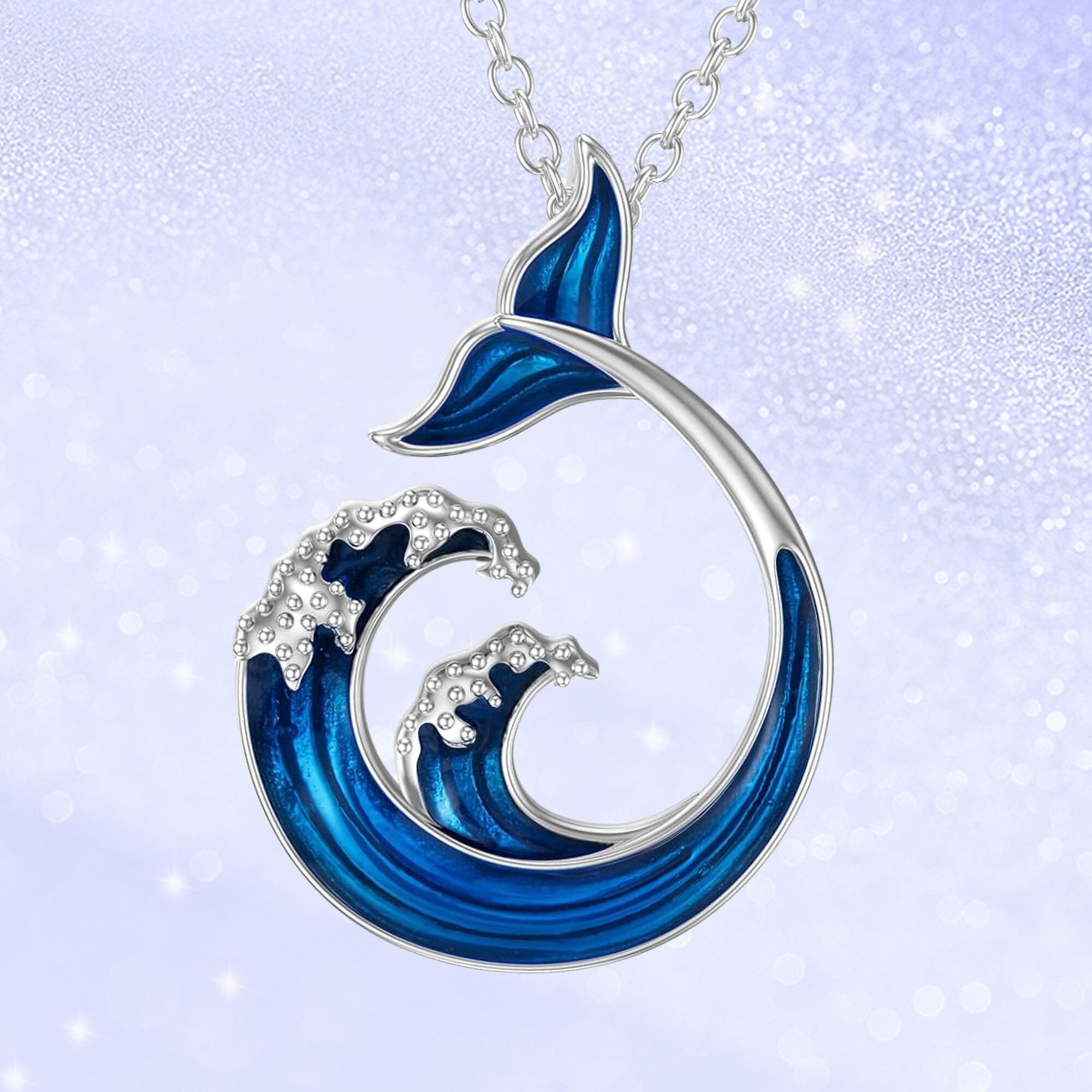 Wave and Fish Tale Necklace 925 Sterling Silver Tail Pendant Blue