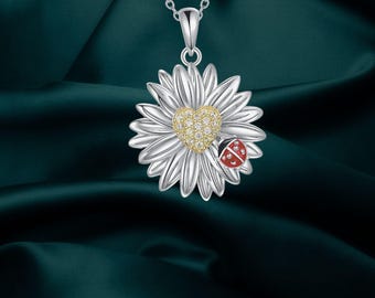 Daisy Flower Ladybug Necklace 925 Sterling Silver Ladybug Pendant Necklace for Women