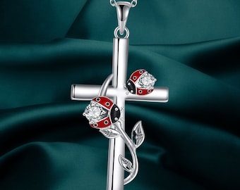 Christian Cross Necklace Ladybug Necklace Jewelry for Women Sterling Silver Cross Necklace Gifts for Girls