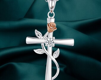 Cross Necklace for Women 925 Sterling Silver Necklace Rose Cross Pendant Cubic Zirconia