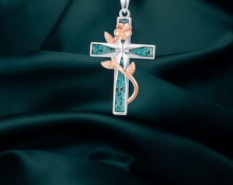 Hibiscus Flower Turquoise Cross Necklace Sterling Silver Religious Jewelry for Women