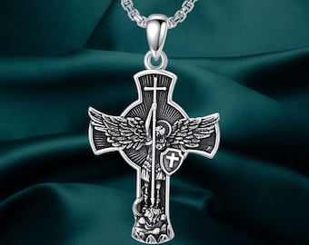 Collar de San Miguel de plata de ley 925 con amuleto y medalla para hombres y mujeres con cadena Rolo de 0.098 in de 22.0 in + 2.0 in.