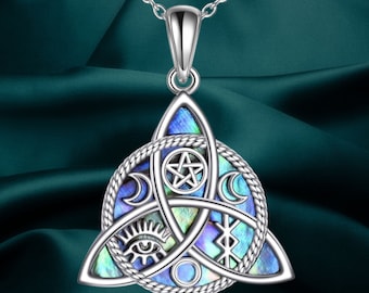 Triple Moon Goddess Necklace Sterling Silver Pentagram Pentacle Pendant Pagan Wiccan Magic Amulet Tree of Life Jewelry for Women Men 18"