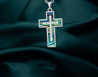 Christian Cross Necklace Abalone Shell 925 Sterling Silver Jesus Jewelry For Women