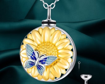 Butterfly Sunflower Urn Necklace for Ashes 925 Sterling Silver Cremation Keepsake Ashes Memorial Necklace for Women