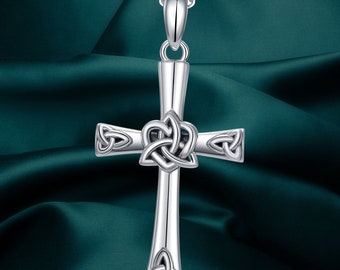 Cross Necklace Irish Claddagh Celtic Knot Pendant Necklace 925 Sterling Silver Dainty Christian Celtic Trinity Knot Cross