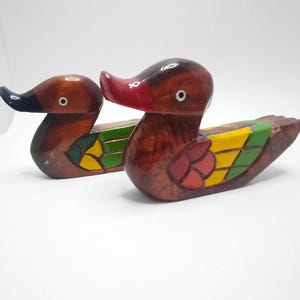 Vintage Pair Wooden Ducks Figurines Hand Carved Hand Painted