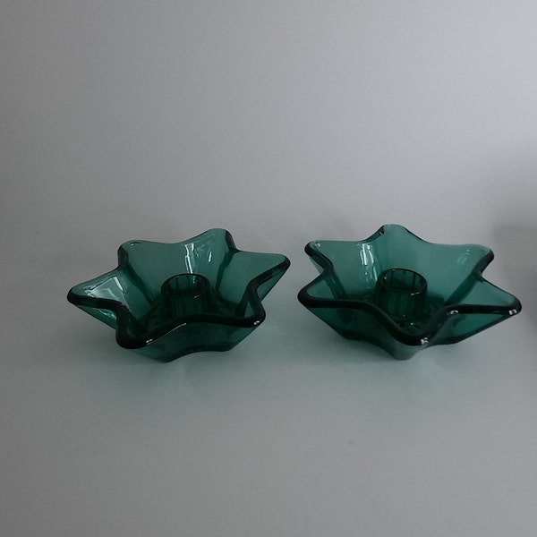 Vintage Indiana Green Glass Star Shaped Christmas Candleholders