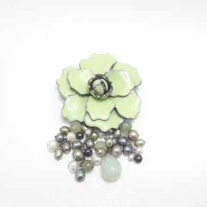 Vintage Large Flower Brooch Green and Silver Tone with Hanging Beads