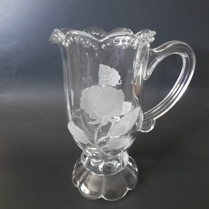 Vintage Clear Glass Pitcher With Etched Rose Design