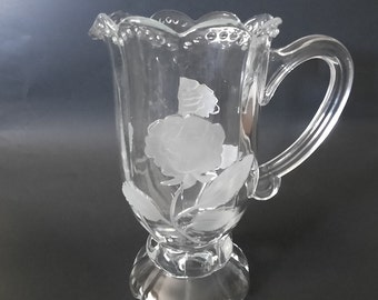 Vintage Clear Glass Pitcher With Etched Rose Design