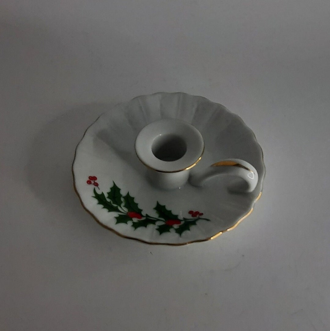 Vintage Porcelain Candlestick Holder Holly and Berries Etsy
