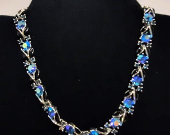 Vintage Lisner Blue Aurora Borealis Choker Necklace Silver Tone