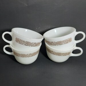 Vintage Brown Woodland Pattern Pyrex Coffee cups Milk Glass