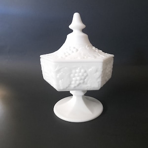 Vintage Imperial White Milk Glass Hexagon compote Candy Dish With Lid Grapes Leaf