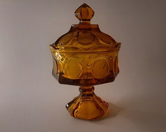 Vintage Amber Gold Coin Pattern Compote Candy Dish Bowl With Lid