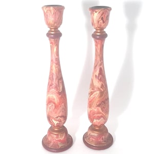 Vintage Wooden Red Swirl Candleholder Set
