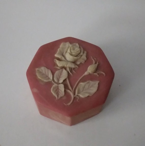 Incolay Pink Stone Raised White Rose Trinket Jewle