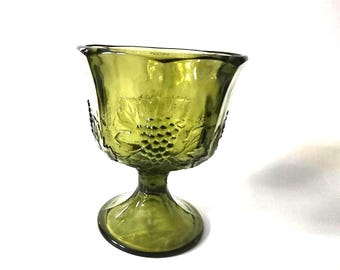 Vintage Indiana Glass Olive Green Pedestal Compote - Grapes & Fruit Pattern