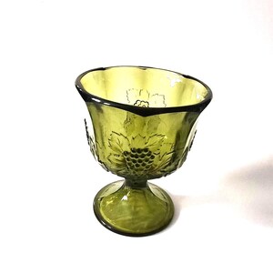 Vintage Olive Green Indiana Glass Pedestal Compote/Candy Dish Grape Leaf Vine Pattern