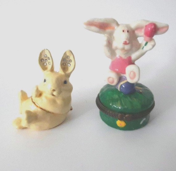 Enameled Ceramic Jeweled Bunny Rabbit Lot Of Two Trin… - Gem