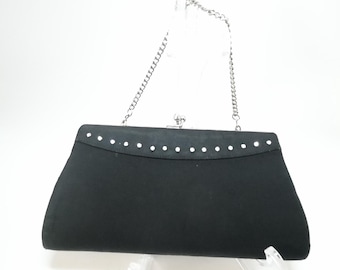 Vintage Black Velvet Evening Purse With Rhinestone And Silver Chain