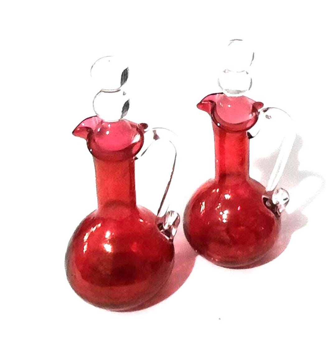 ヴィンテージ クランベリー レッド クラックル ガラス クルエット 2 個