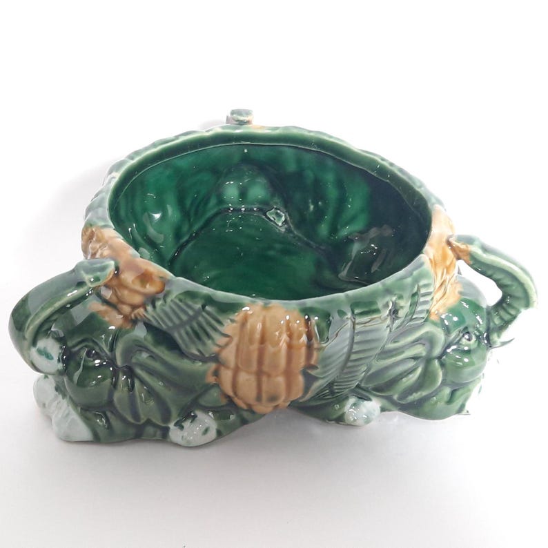 Majolica Ceramic Green Elephant Planter Trunk Up - Etsy
