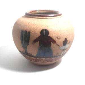 Vintage Sandstone Pottery Mexico Folk Art Hand Painted Planter Vase