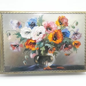 Vintage Tin Metal Box Floral With Bouquet Of Flower Printed And Gold  Signed