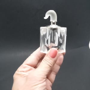 May include: A clear glass bottle with a faceted design and a white stopper. The stopper has a curved handle.