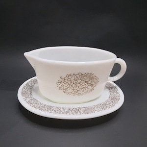 Vintage Woodland Pyrex Gravy Bowl And Under Plate Milk Glass Brown Design