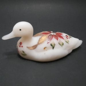 Vintage Fenton Satin Glass Duck Figurine Hand Painted Figurine with Poinsettia Flower Design