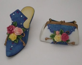 Vintage Collectible Mini Shoe And Purse Blue With Flowers decorations And Jewels