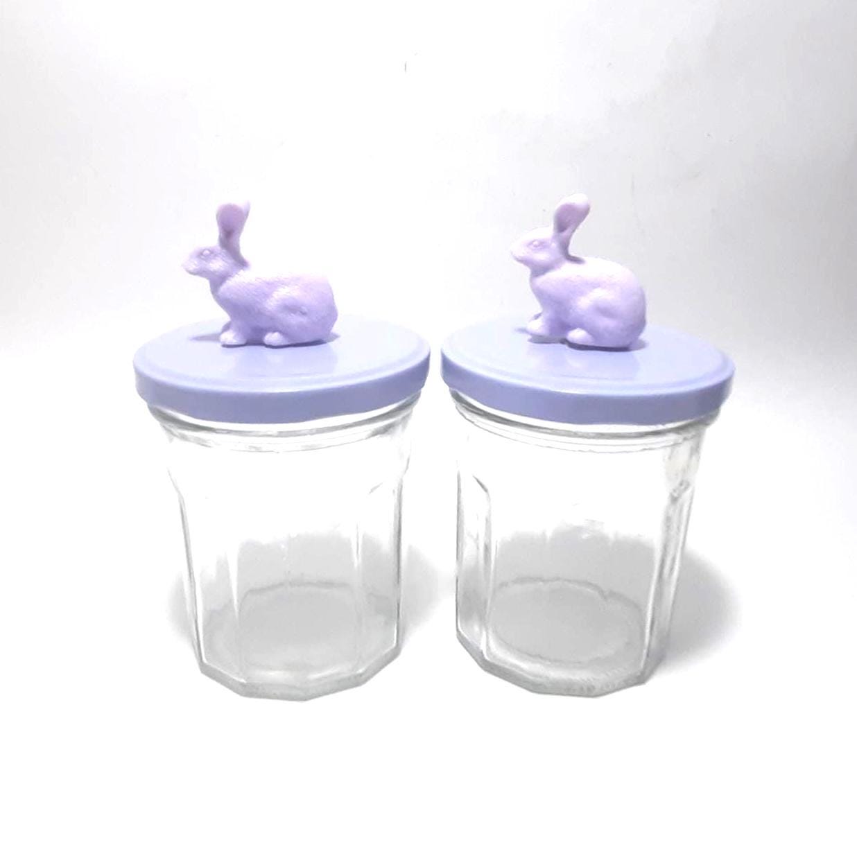 Set of 2 Glass Jars with Purple Lids & Bunny Rabbit Finials - Baby Nursery or Bedroom Decor 5" Tall