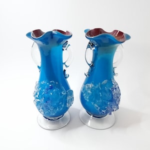 Vintage Hand-Blown Blue Glass Vase With Applied Clear Glass Double handle
